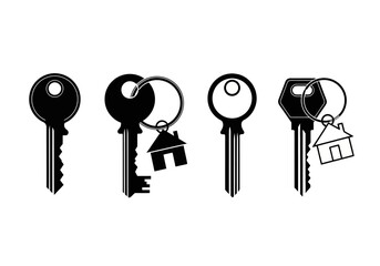 Collection of Black Silhouette House Keys with Keychains Showing Simple Home Icons symbolizing Property Ownership and Access