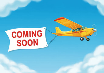 Bright yellow cartoon airplane soars through a cloudy blue sky proudly displaying a coming soon banner