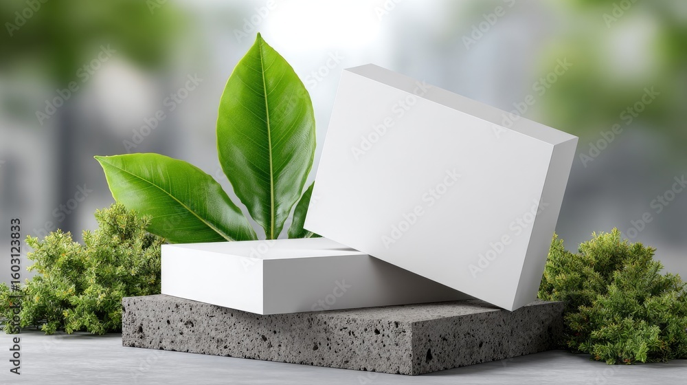 Poster two square white boxes are stacked with greenery resting on top, situated on a concrete podium in a 