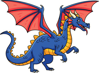 Fototapeta premium Colorful blue dragon with red wings, yellow scales, cartoon fantasy creature illustration, playful mythical beast design, vibrant character artwork, vector fantasy animal drawing