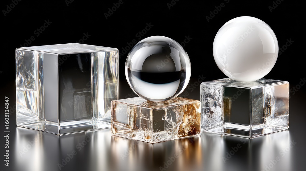 Poster three spheres of various textures and colors are artfully positioned in front of a cube, reflecting 