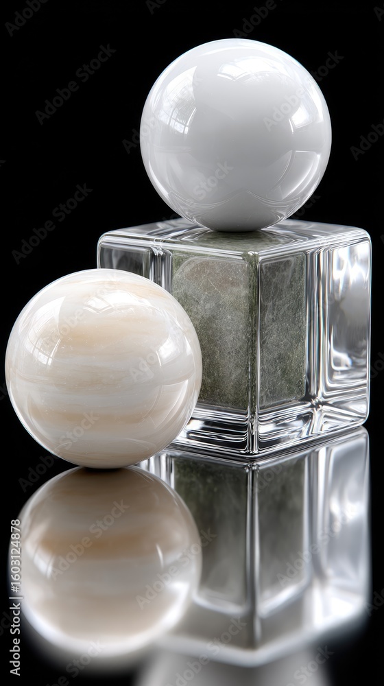 Poster three spheres of various textures and colors are artfully positioned in front of a cube, reflecting 