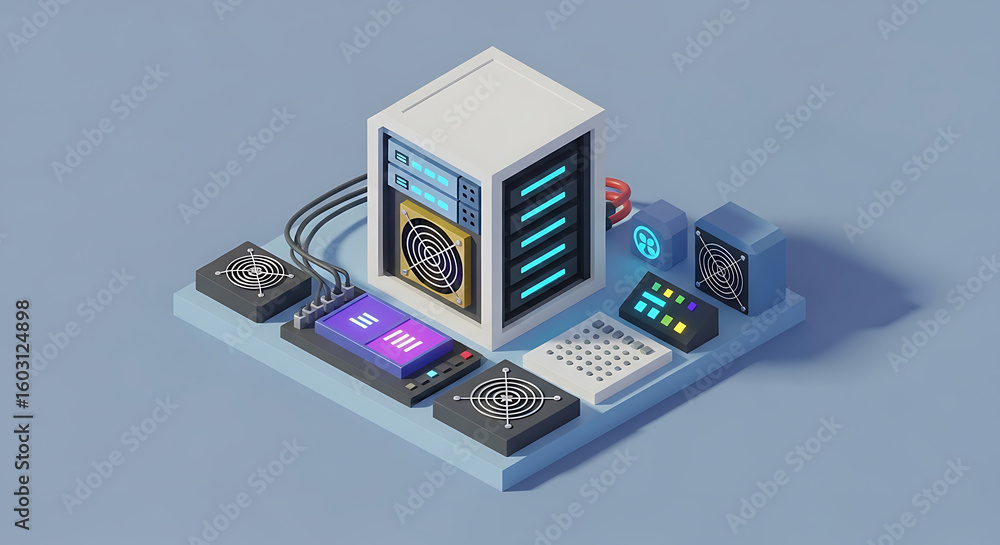 Poster isometric illustration of a computer server setup with various devices, including a phone, controlle