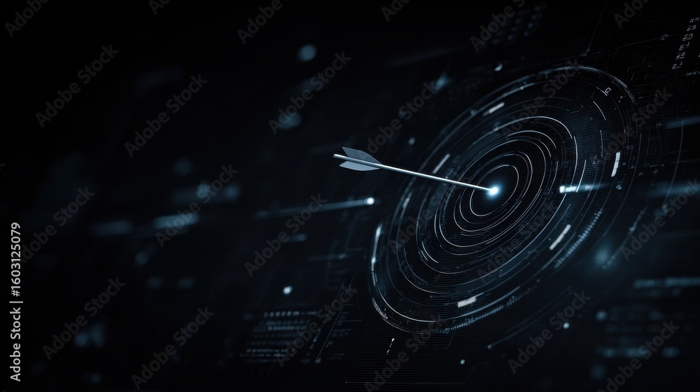 Poster stunning photo of arrow hitting target in the digital realm using data and cyber technologies, highl