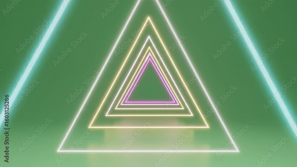 Poster vibrant neon triangles create a mesmerizing tunnel effect against a smooth green background