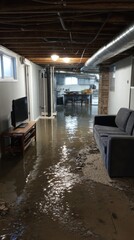 Stunning photo of flooded basement due to snowmelt or a pipe burst highlights the challenges of water damage restoration.