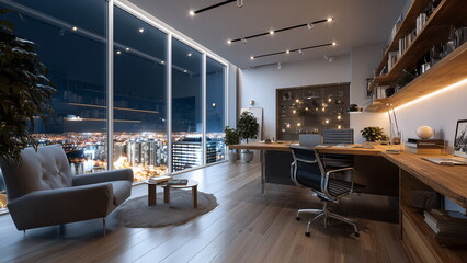 Modern office room with floor-to-ceiling window overlooking night city view.