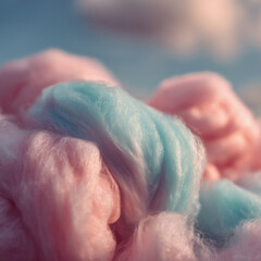 Close-up of pink and blue fluffy cotton candy under soft daylight in dreamy pastel color palette