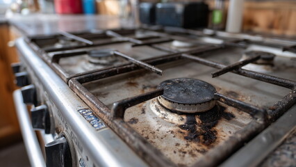 Dirty and greasy gas stove with black oil stain, in the kitchen.