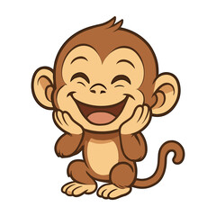 A cheerful cartoon monkey smiles with hands to its cheeks.