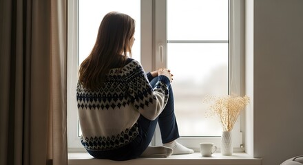 young woman looking through window