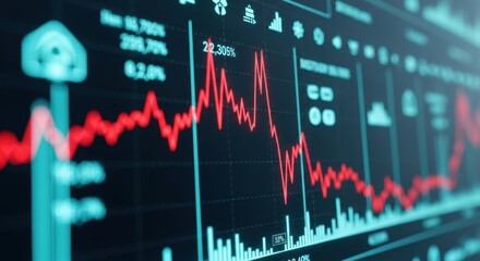Dynamic stock market graph shows sharp decline with financial data and trading indicators on screen