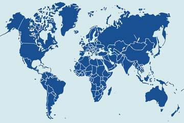 Detailed blue-toned political world map with labeled countries, offering a clean and comprehensive geographic overview, modern flat illustration style