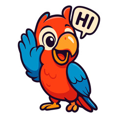 Friendly red and blue parrot waves hello in cartoon style