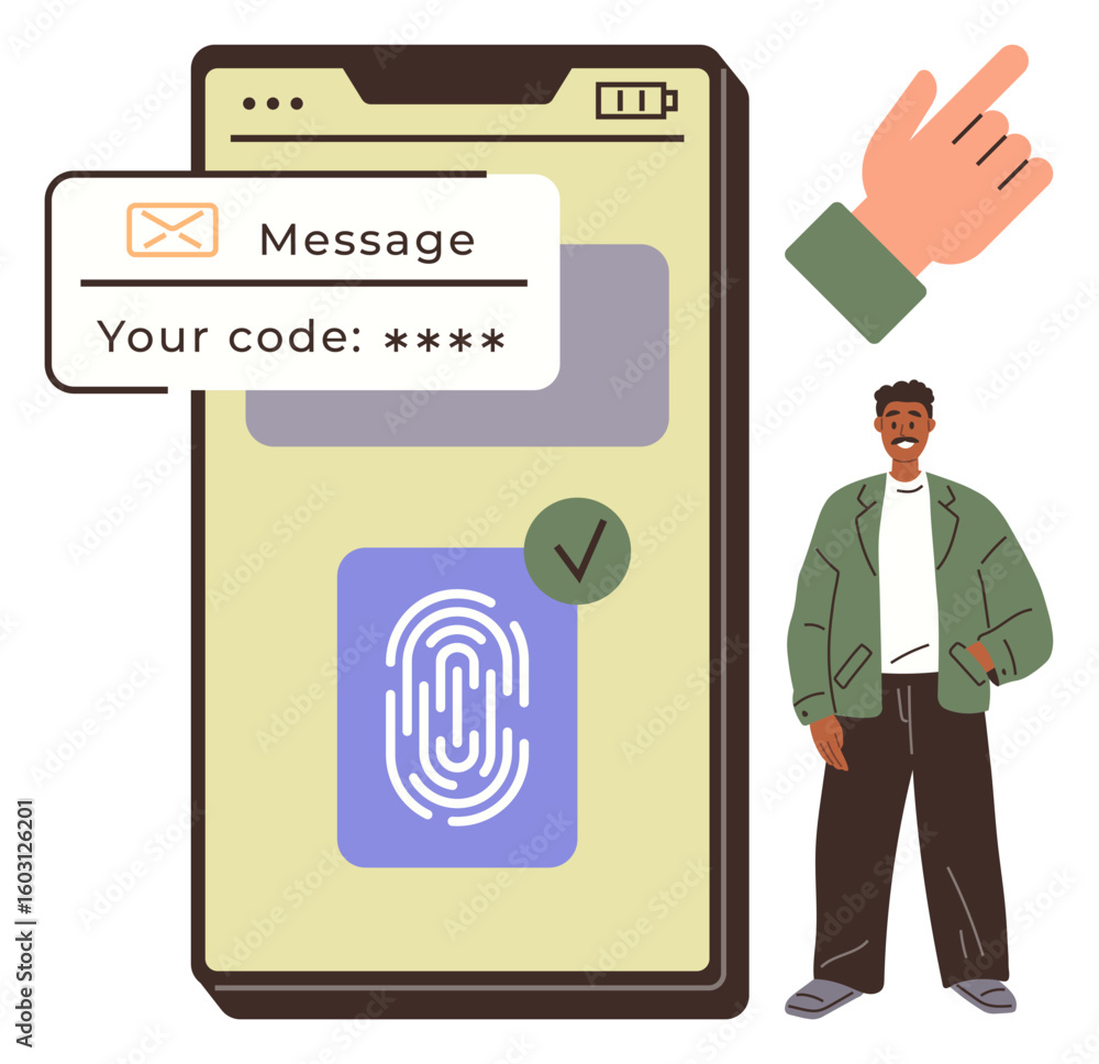 Poster smartphone screen with fingerprint scan and otp verification. hand gesture and person symbolizing on