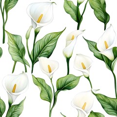 Elegant white calla lily flower pattern on a white background.