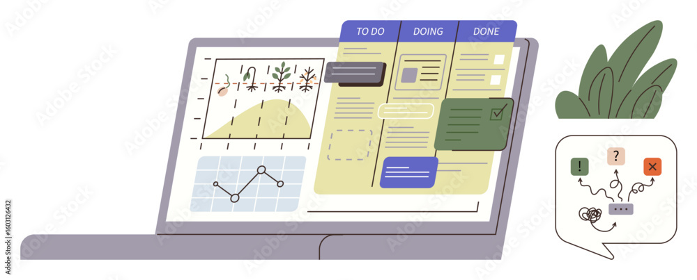 Poster laptop displaying project management tools, including a task board, charts, and graphs. speech bubbl