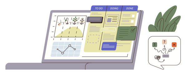Laptop displaying project management tools, including a task board, charts, and graphs. Speech bubble with decision making path and a plant. Ideal for productivity, planning, workflow, analytics