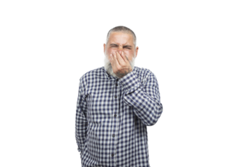 Senior man with tattoos covering his mouth, feeling disgusted or about to vomit