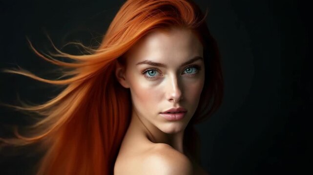 Sexy beautiful redhead girl with long hair. Perfect woman portrait on black background. Gorgeous hair and deep eyes. Natural beauty, clean skin, facial care and hair.