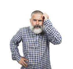 Pensive mature man with beard and mustache scratching his head, trying to find a solution