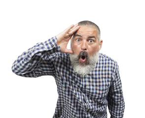 Bearded mature man expressing surprise and astonishment, making a gesture with his hand near his...