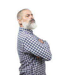 Mature man with crossed arms expressing disapproval and contempt, looking up with a skeptical...