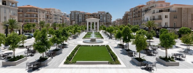 A tranquil garden featuring a central lawn and colorful flowers, providing a peaceful retreat with elegant furniture for relaxation