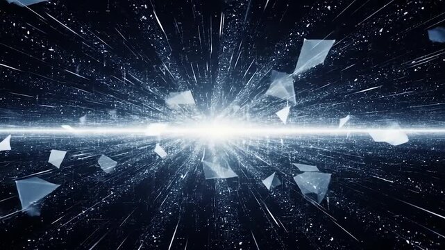 Abstract Shattered Glass Explosion with Light Streaks and Debris in Dark Space