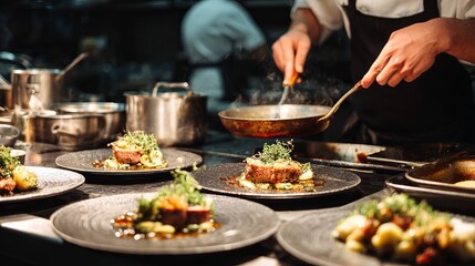 A chef is cooking food in a kitchen with several plates of food on the counter