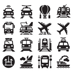 Air Auto Railway Transport Silhouette Icon Set. Stop Station Sign for Public Transport Glyph Pictogram. Car, Bus, Tram, Train, Metro, Plane, Ship Icon in Front vector graphics