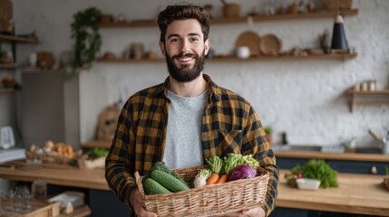 A man is smiling and holding a basket of vegetables