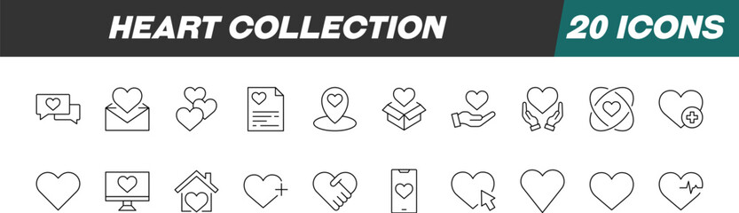 Collection of Icons of Heart. Suitable for books, stores, shops. Editable stroke in minimalistic outline style. Symbol for design
