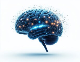 A brain silhouette filled with glowing neural connections, white background.