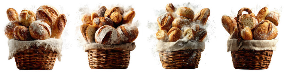Four wicker baskets filled with freshly baked baguettes isolated on transparent background