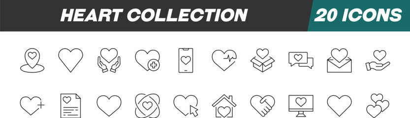 Collection of Line Icons of Heart. Suitable for books, stores, shops. Editable stroke in minimalistic outline style. Symbol for design