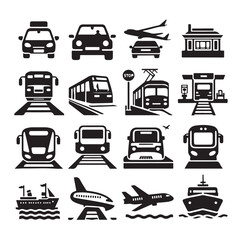 Air Auto Railway Transport Silhouette Icon Set. Stop Station Sign for Public Transport Glyph Pictogram. Car, Bus, Tram, Train, Metro, Plane, Ship Icon in Front vector graphics