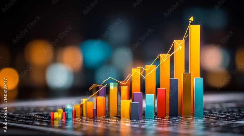 Poster a clean and sharp financial bar graph with colorful bars, displaying growth trends over time on a hi