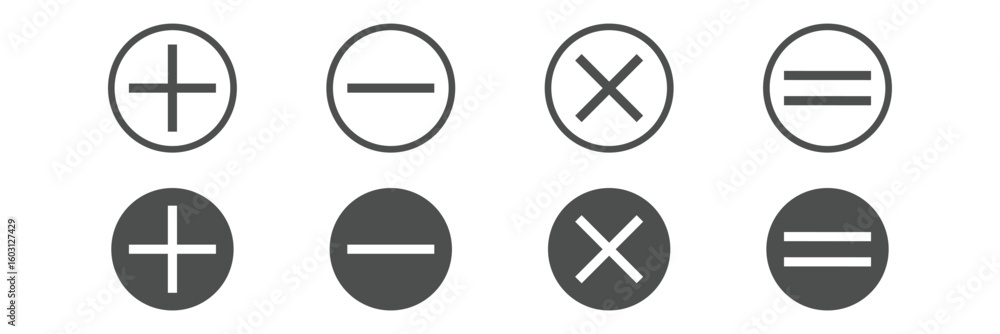 Poster math symbols plus minus multiply divide equal sign. minimalist math symbols icon set – plus minus mu