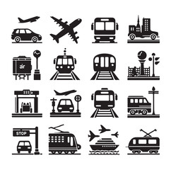 Air Auto Railway Transport Silhouette Icon Set. Stop Station Sign for Public Transport Glyph Pictogram. Car, Bus, Tram, Train, Metro, Plane, Ship Icon in Front vector graphics