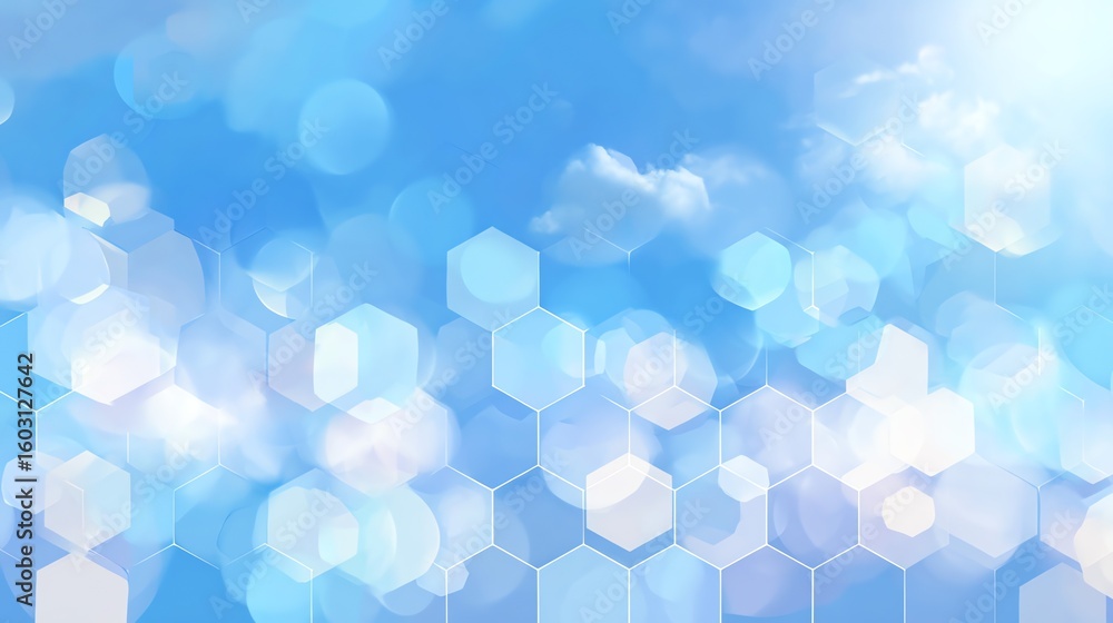 Poster a serene blue sky filled with fluffy white clouds is overlaid with a geometric hexagonal pattern, cr