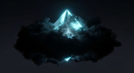 Futuristic Glowing Pyramid Shining in Dark Cloudy Sky with Reflection