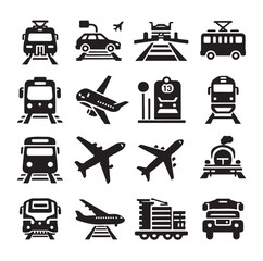Air Auto Railway Transport Silhouette Icon Set. Stop Station Sign for Public Transport Glyph Pictogram. Car, Bus, Tram, Train, Metro, Plane, Ship Icon in Front vector graphics