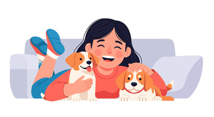 Adobe Illustrator artwork flat style illustration of a happy girl cuddling two adorable pet puppies on a cozy pillow. Ideal for themes of childhood, pet love, affection, and happy domestic moments