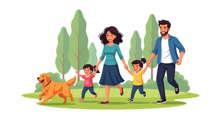 Adobe Illustrator artwork flat style illustration of a happy family with two kids and their golden retriever pet dog running in a park. Ideal for themes of family life and outdoor activities