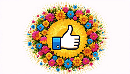 A like button at the center of a lush wreath of mixed flowers, Ai generated image