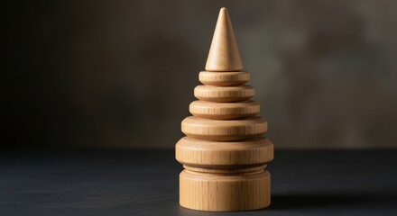 Fototapeta premium A finely crafted wooden christmas tree sculpture sits on a dark surface, illuminated by soft light