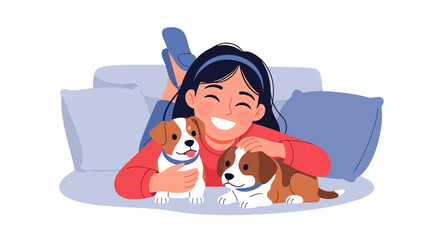 Adobe Illustrator artwork flat style illustration of a happy girl cuddling two adorable pet puppies on a cozy pillow. Ideal for themes of childhood, pet love, affection, and happy domestic moments