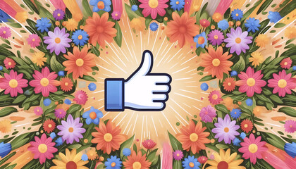A like button at the center of a lush wreath of mixed flowers, Ai generated image