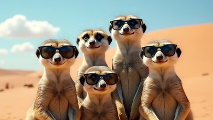 Fototapeta premium Four meerkats wearing sunglasses, desert background, playful mood, 3D rendered illustration, summer vibe, wildlife photography style.